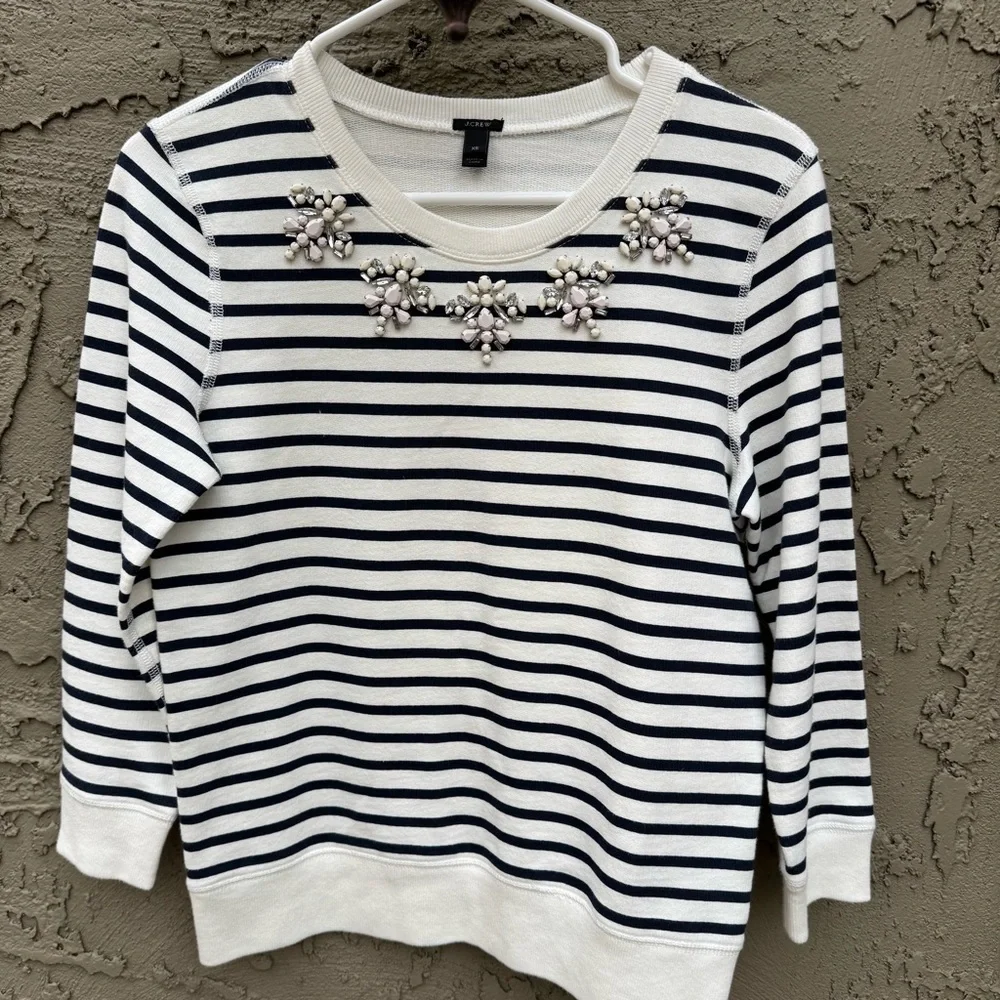 J Crew Jewel Embellished Striped Navy and White Top
